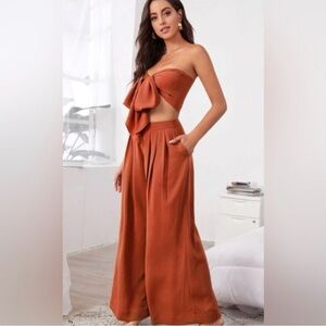 New Wide-Leg Bandeau Tie-Front Jumpsuit in Rust size medium
